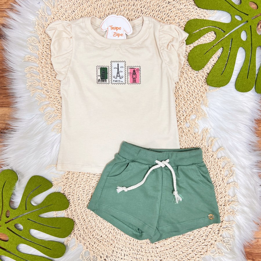 Conj. Blusa Paris e Short em Moletinho - Areia e Verde